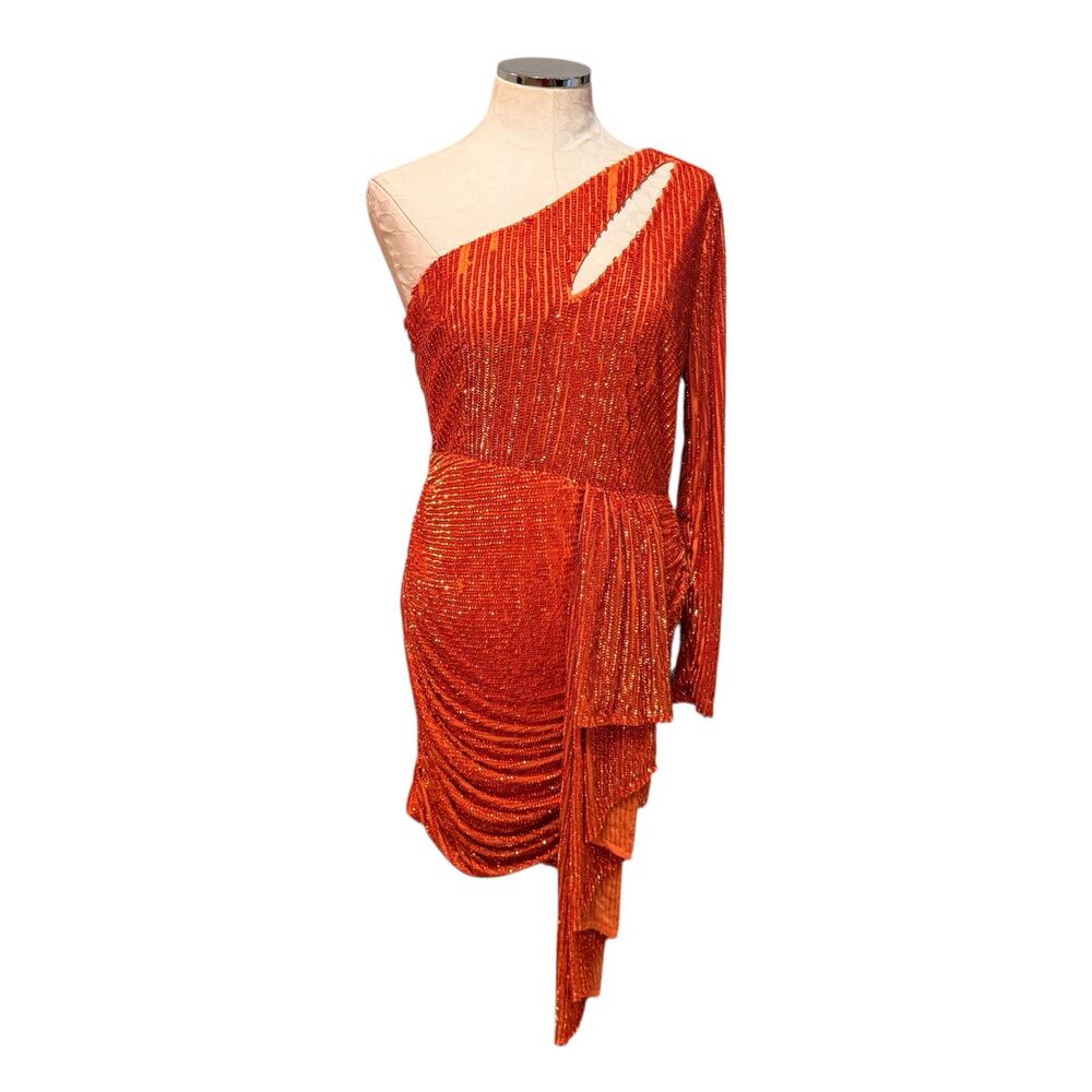 Peace + Love NWT Sequins Embellished Cut Out Draped Mini Dress in Orange Size 8 - Picture 2 of 11